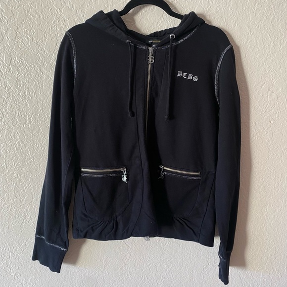 BCBG Zip Up Hoodie Size XL Black Cotton Branded Logos Y2K - Picture 1 of 10